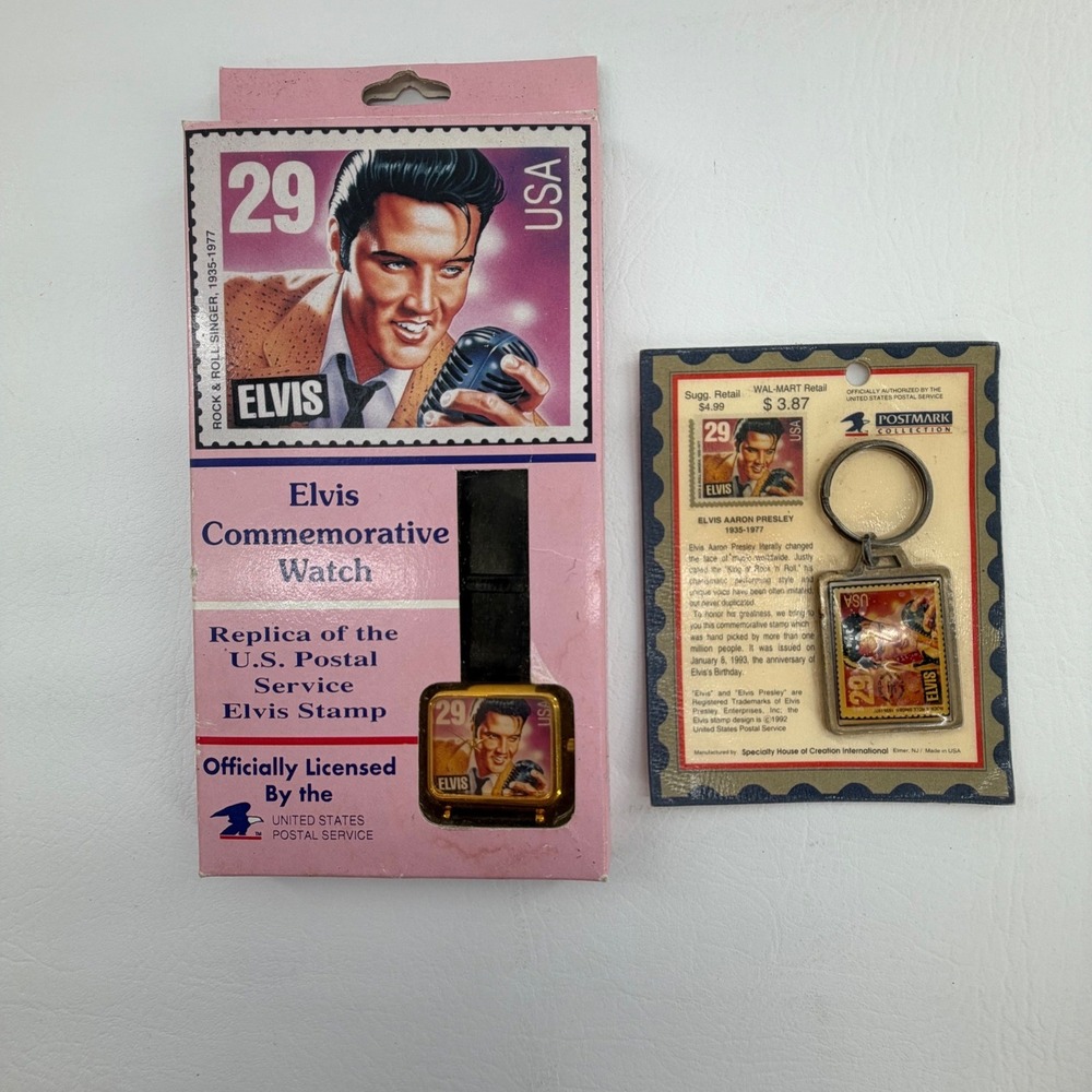 USPS Elvis Presley Watch Keychain Set Gold Pink 29 Cent Stamp Vintage New